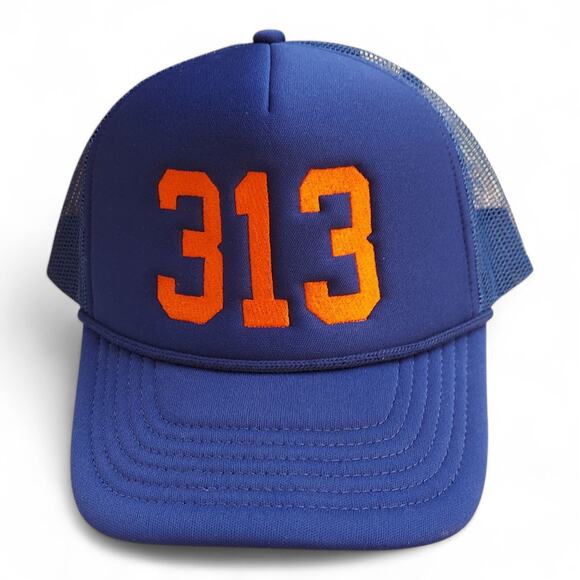 New 313 Detroit Area Code Trucker Hat Blue Orange Snapback - Picture 1 of 6